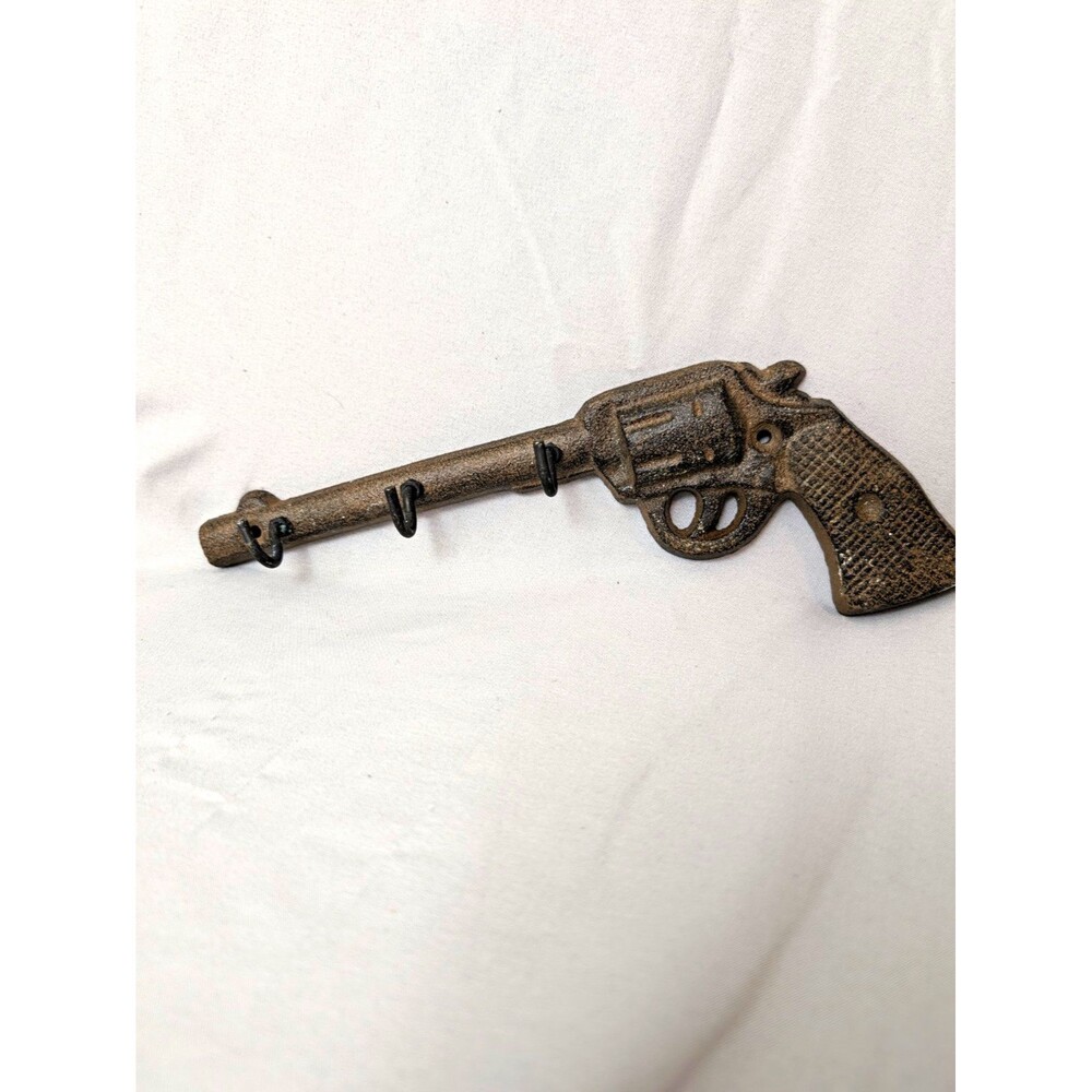 Rustic Western Revolver Cast Metal Wall Mounted 4 Hook Rack Matte Brown/Black